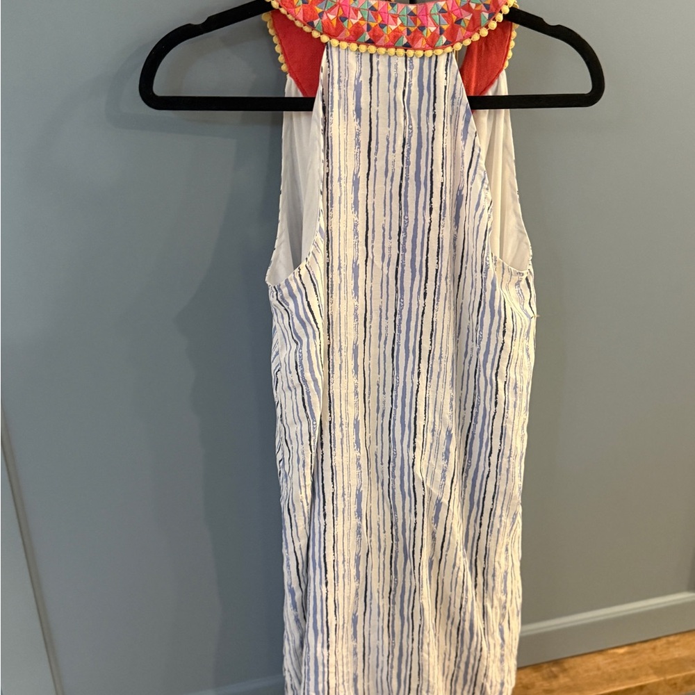 THML Women’s Dress with Blue Stripes and Embroidered Geometric Neckline - Picture 7 of 8